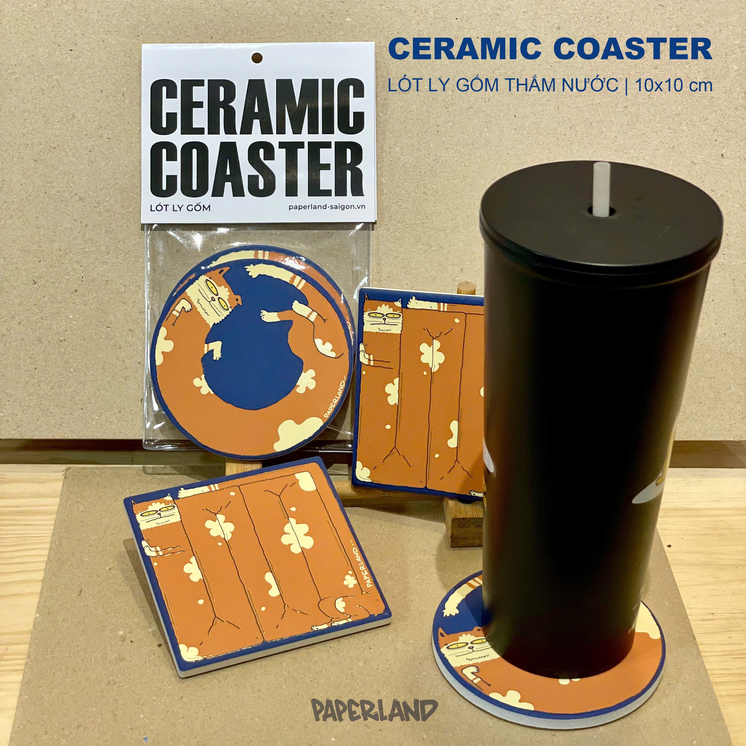 LÓT LY GỐM "CHÚ MÈO LƯỜI" - CERAMIC COASTER