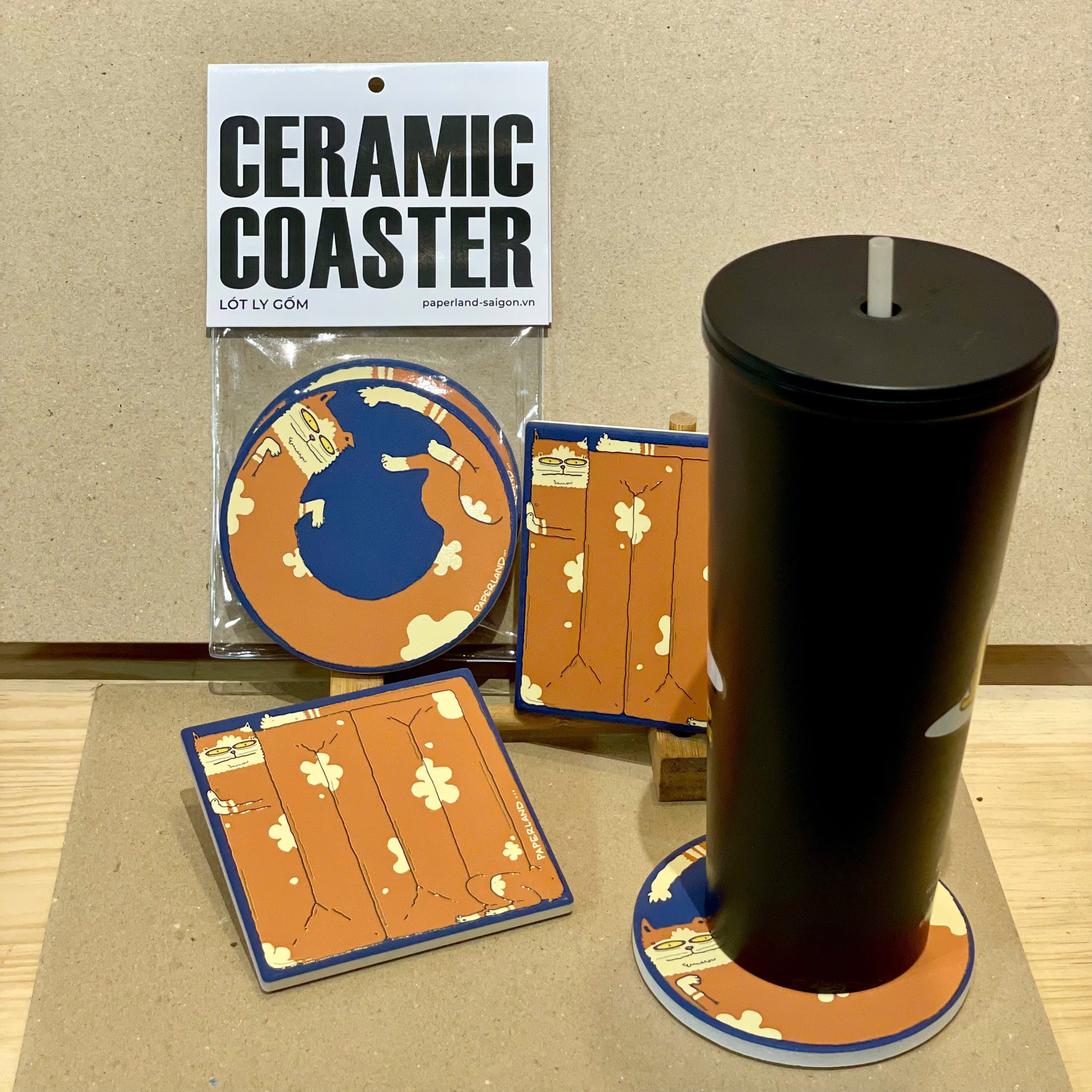 LÓT LY GỐM "CHÚ MÈO LƯỜI" - CERAMIC COASTER